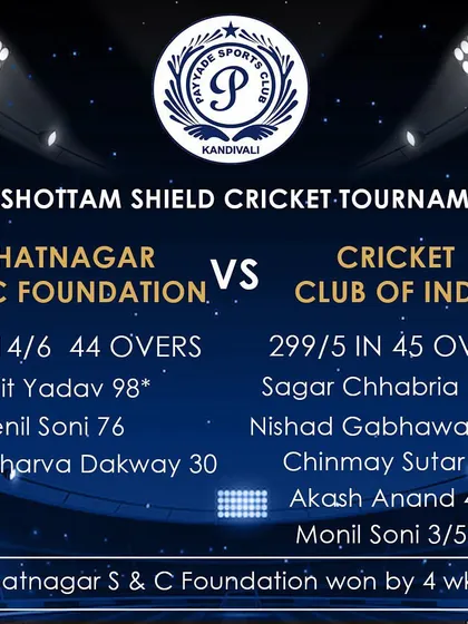 The score sheet from the Purshottam Shield match between Bhatnagar Foundation and Cricket Club of India.