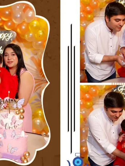 A family photo collage showing a posed portrait by the cake and candid shots of the cake cutting ceremony with the parents and older brother.