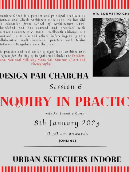 The poster for an online talk titled "Enquiry in Practice". My work is driven by a process of constant questioning and investigation into the nature of each project.