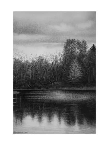 Titled "The Truth," this 8x11 inch pencil drawing captures a moody forest landscape with reflections on the water.