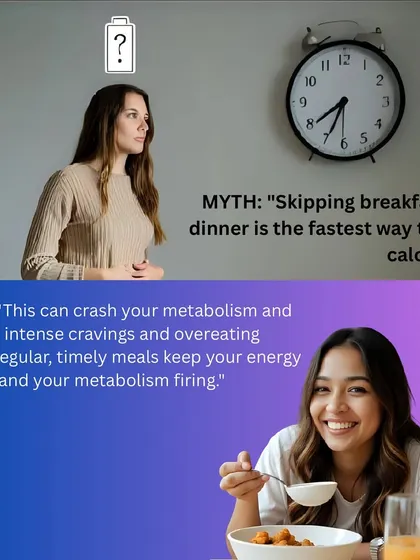 Myth: Skipping breakfast or dinner is the fastest way to cut calories. Fact: This can crash your metabolism and lead to intense cravings and overeating later. Regular, timely meals keep your energy stable.