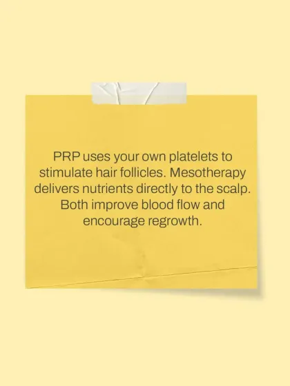 This explains the fundamental mechanisms of my two primary hair restoration treatments. PRP uses your body's own platelets to stimulate follicles, while Mesotherapy acts as a direct nutrient delivery system to the scalp, with both promoting regrowth.