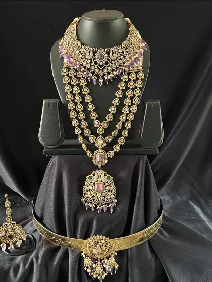 For those who love unique colours, I offer this stunning Victorian set with purple stones. The multi-layered necklace and choker create a rich, regal look.