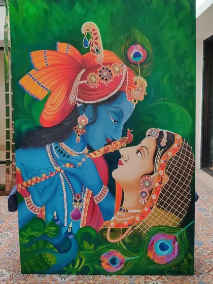 Looking for a one of a kind painting? Whether it's a grand mythological piece like this Radha Krishna, a pet portrait, or an abstract for your home, I can create something unique for you. Let's talk before my commission spots fill up.