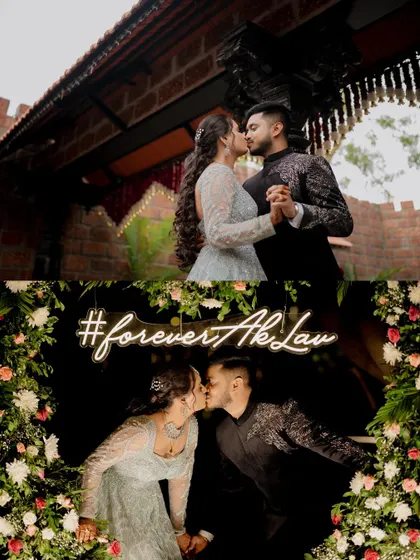 A collage of romantic moments between Lavanya and Akshay at their reception, including kisses under a custom neon sign.