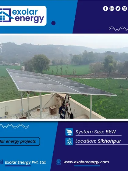 This 5 kW solar plant in Sikhopur is set against a beautiful green landscape. It's a perfect illustration of how solar energy works in harmony with the environment.