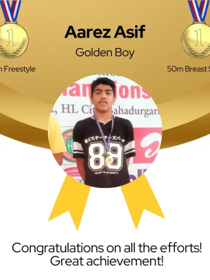 Aarez Asif celebrating his two Gold medals in 50m Freestyle and 50m Breaststroke at the Weekend Invitational Meet in Bahadurgarh.