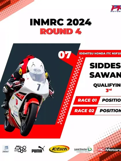 The official results card for Siddesh Sawant from the Idemitsu Honda India Talent Cup, showcasing his back-to-back podium finishes with a P2 and P3.