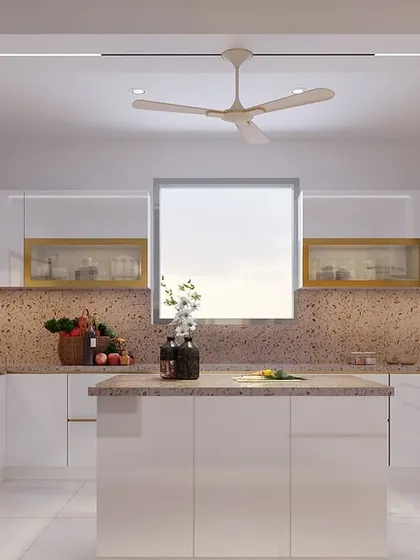 This kitchen concept features a large central island and a beautiful terrazzo-style backsplash, adding texture and color to the white cabinetry.