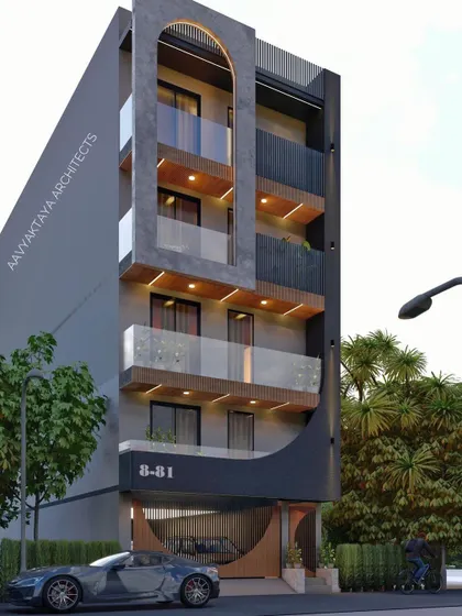 A design for an "Aavyaktaya Home," where the architecture aims for timelessness. The facade features a prominent arch, textured grey concrete, and warm wood accents under the balconies. The curved details at the ground level create an inviting and unique entrance.