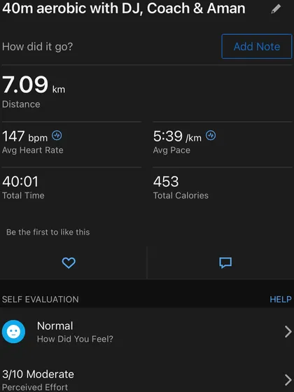 The summary of another 40-minute aerobic run, showing distance, average heart rate, pace, and calorie burn. We track everything to see the full picture.