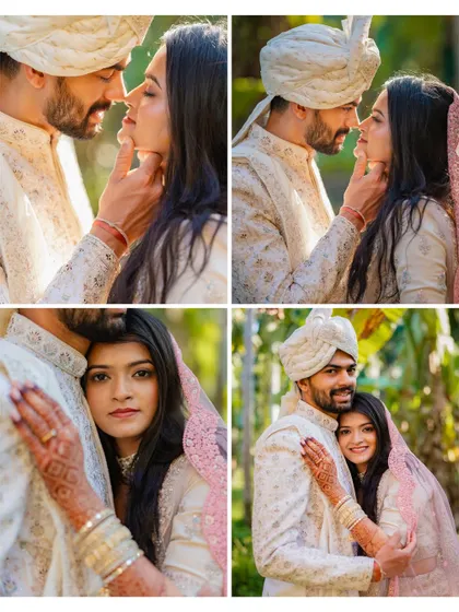 A collage of romantic and intimate portraits of the couple, capturing their love from different angles.