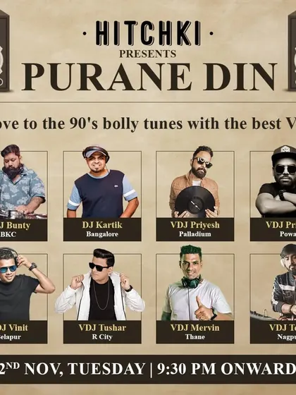 The official flyer for the 'Purane Din' retro night at Hitchki, featuring a lineup of the best VDJs in the country.