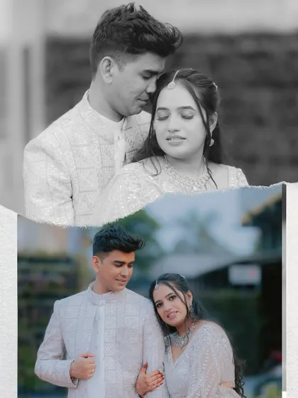 A collage combining a black-and-white romantic embrace with a gentle color portrait. This split-style image offers a beautiful narrative of the couple's connection.