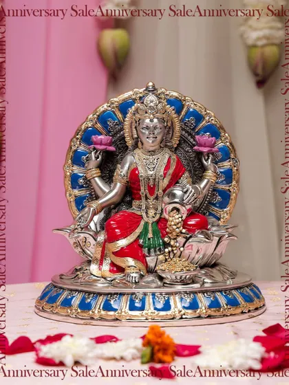 A vibrant idol of Goddess Lakshmi, featured in my anniversary sale. The rich colors and silver accents make this a beautiful and auspicious piece to welcome prosperity during Navratri and Diwali.
