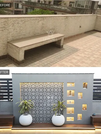 A simple bench against a plain wall is transformed into an elegant feature wall. The new design incorporates a beautiful jaali screen, illuminated niches for decor, and built-in seating with under-lighting.