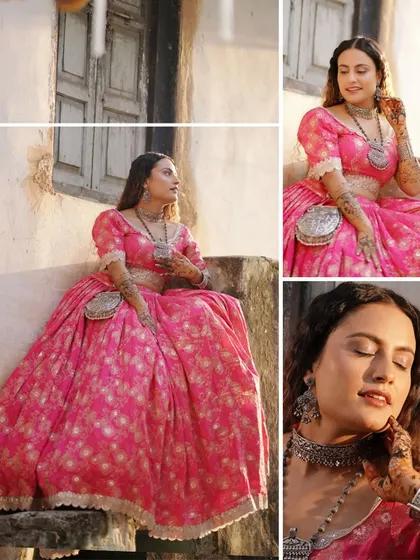 A collage showcasing the bride's unique pink lehenga and silver jewelry for her Mehandi. The rustic, village-like setting provides a stunning contrast.