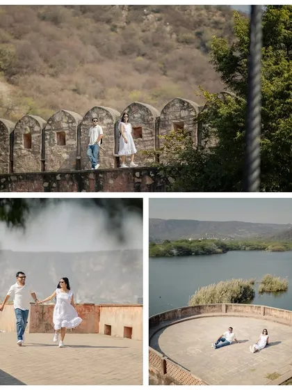 This collage showcases the natural and architectural beauty around Amer, with shots on ancient fort walls and overlooking the serene Maota Lake.