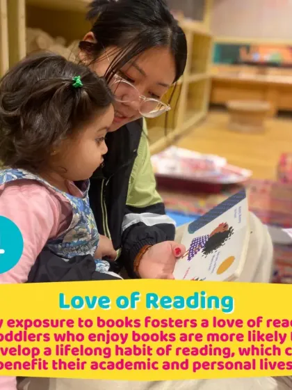 An instructor and a toddler explore a picture book together. Early exposure to books is the best way to foster a lifelong love of reading.