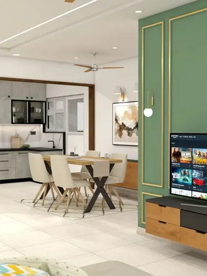 A full view of the open-plan living and dining area, showing how the furniture arrangement and accent walls create distinct yet connected spaces for lounging and eating.