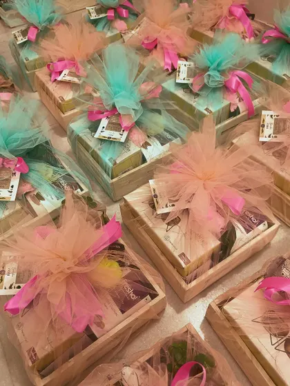 A collection of our pastel-wrapped Diwali hampers, showcasing the different color combinations available.
