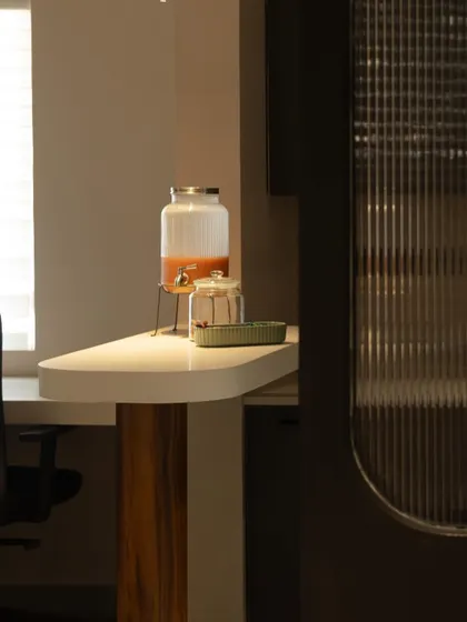 A detailed shot of the pantry counter, showing the fluted glass partition and the play of light and shadow.