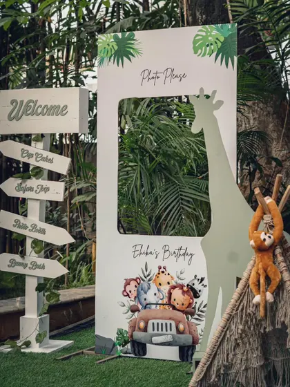 A fun photo-op for a safari party. I design custom photo frames and welcome signs that match the theme and add a personal touch to the event.