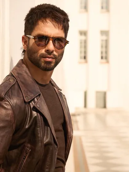 A classic hero shot. The sunglasses and leather jacket combo is timelessly cool, and Shahid wears it perfectly.