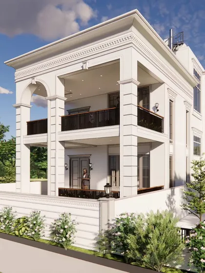 Kiran Reddy's residence, a 32x78 classical villa that blends timeless charm with modern living. The design features a grand double-story verandah supported by stately columns.