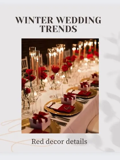 Another winter wedding trend we love is incorporating rich red decor details, as shown in this elegant tablescape with red roses and matching gift boxes.