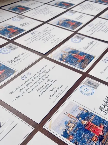 For the grand launch of Öz Kebapci, I created these detailed Türkiye-themed postcard invitations. Each one was custom stamped and personally addressed in copperplate calligraphy to evoke a sense of travel and authenticity.