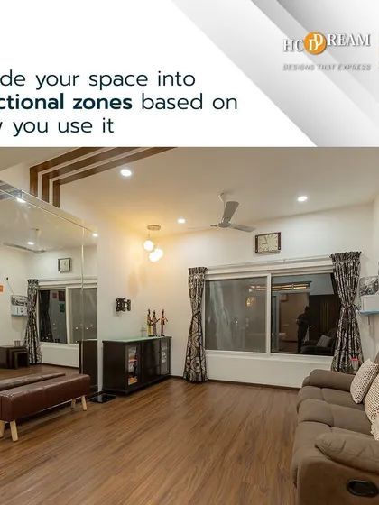 Effective space planning involves dividing your space into functional zones. This large room is designed as a multi-purpose area for dance, art, and relaxation.