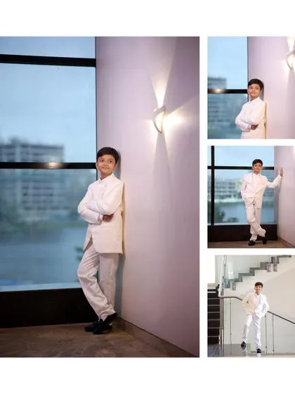 A collage of stylish individual portraits taken during a birthday event. Even amidst the party excitement, I find moments to capture posed shots that highlight the birthday boy's personality and outfit, using the venue's architecture and lighting.