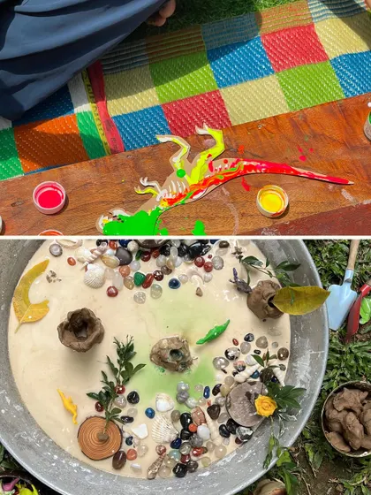 A preview of our dino-mite day of play. This image shows some of the hands-on activities, including painting dinosaur cutouts and a sensory tub with goop, stones, and leaves.