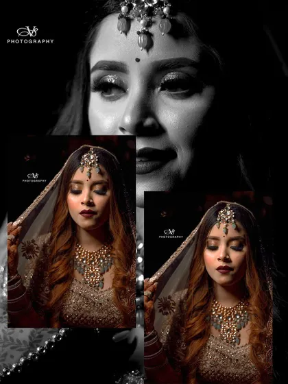 An artistic black and white collage of bridal portraits, using creative framing and layering to produce a high-fashion look.