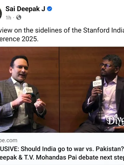 A screenshot of my debate with T.V. Mohandas Pai at the Stanford India Conference. We discussed the critical question of whether India should go to war with Pakistan, exploring the strategic and civilizational dimensions.