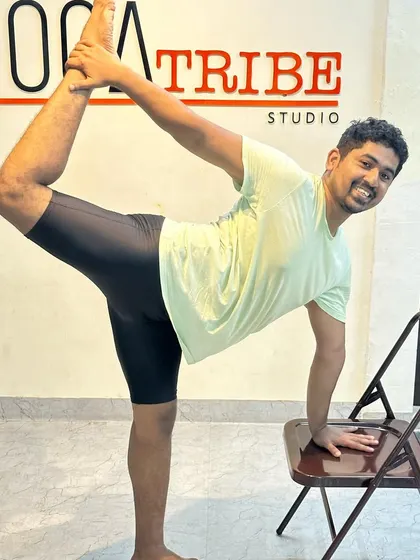 Practice should be joyful. Here I am showing a variation of Natarajasana with a chair, which is accessible for many levels.