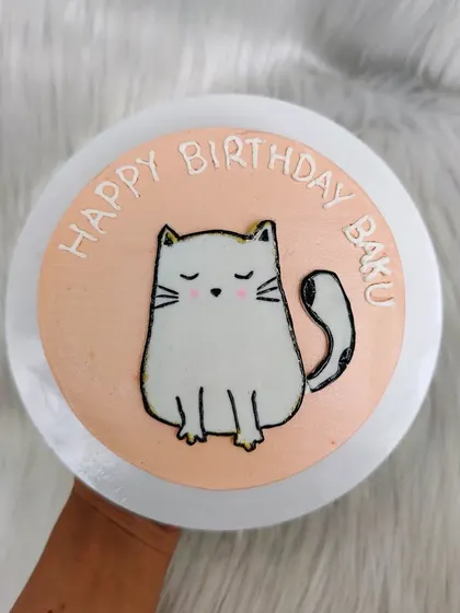 A simple and sweet cat cake for a cat lover's birthday. The minimalist drawing is piped directly onto the smooth buttercream.