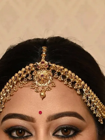 A close-up of a beautiful matha patti. This is a key accessory for a traditional bride, and I have many designs to match different jewellery sets.