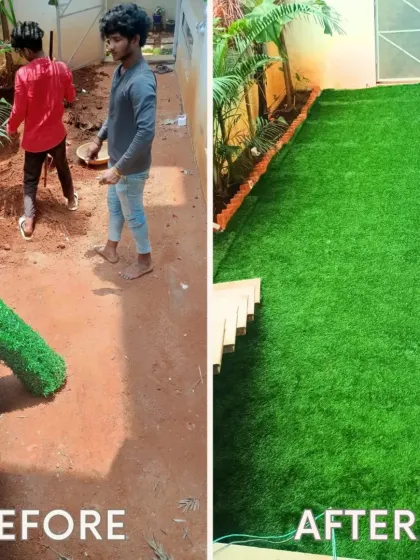 A side-by-side comparison showing the transformation of a dirt path into a tidy artificial grass lawn.