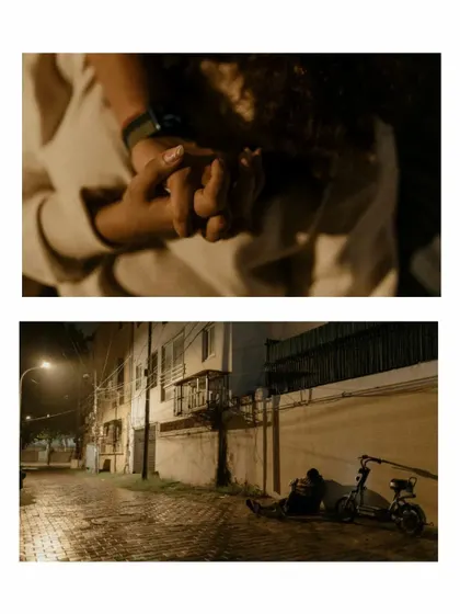 A collage focusing on the small details, like holding hands, and the quiet moments of rest during a night shoot.