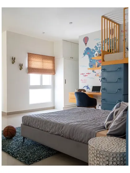 Another view of the kids' room, showing the charming animal faces on the wall and the cozy queen-sized bed. It's a super cool and smart haven where kids can learn, play, and rest.