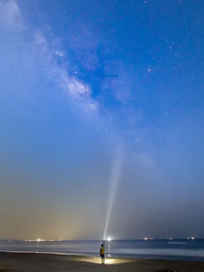 Capturing the Milky Way during the blue hour at Padukere beach. Astrophotography is an intense activity; this was the last possible exposure I could get before the night turned to day.