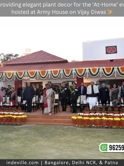I was honored to provide the elegant plant decor for the 'At-Home' reception at Army House on Vijay Diwas, attended by the President of India. The tiered arrangement of yellow and white chrysanthemums added a touch of formal beauty to this esteemed occasion.
