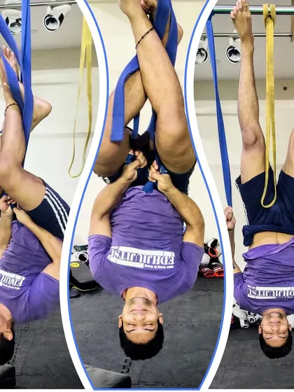 Recovery and mobility are just as important as training. Here I am using straps for a deep, inverted stretch to decompress the spine and improve flexibility after a tough session.