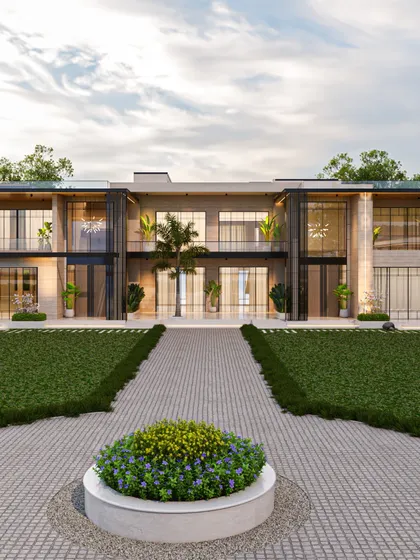 This render of a contemporary residence showcases a dramatic facade defined by clean lines, sharp edges, and a harmonious interplay of glass and solid volumes. Black accents add depth and contrast, creating a look of understated modern luxury.