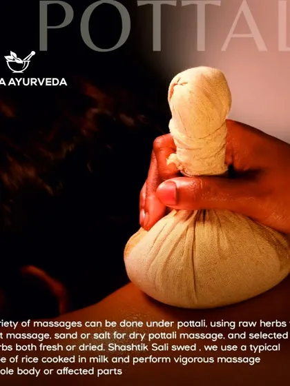 A therapist performs a Pottali massage, using a warm herbal pouch, or 'kizhi', to target muscle stiffness and inflammation. This therapy is excellent for relieving pain, improving circulation, and promoting deep relaxation in the body.