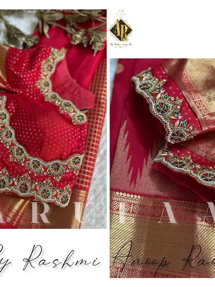 A beautiful red blouse with a neckline inspired by temple jewelry. I used red and green kundans with pearl and gold zardosi work to create this rich, traditional look.