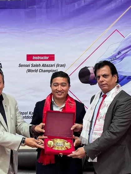 At the opening of the joint India-Nepal training camp. I am here with officials from the Nepal Karate Federation and our guest instructor, World Champion Saleh Abazari, formalizing this unique collaboration.