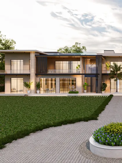 The layered volumes of this contemporary home are strategically arranged to create visual interest and functional separation. This approach allows for pockets of privacy within a connected layout, balancing grandeur with intimacy.